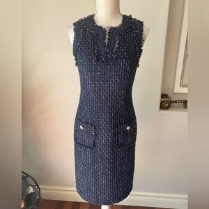 Karl Lagerfeld Paris Dress Womens Sz 12 Tonal Tweed Pocket Front Blue Sheath‎